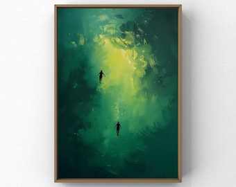 Swimming in Green Abstract Print Wall Art, Surreal Vintage Retro Minimalist Green aesthetic Painting, living room wall Art, farmhouse Decor