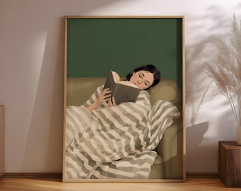 Emerald Green Reading Woman Printable Wall Art, Cozy Bedroom Minimalist Abstract Portrait, Calm Contemporary Digital Poster Modern Interiors