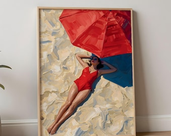 Abstract Minimalist Digital Wall Art Printable, Modern Summer Woman Art, Umbrella Coastal Wall Print, Beach house Décor, calm home décor