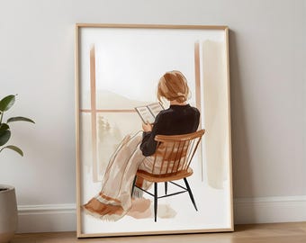 Minimalist Window Reading Girl Print Wall Art, Reading Nook Printable, Book Lover Decor gift, Cozy Soft Dopamine Art, Aesthetic Home Poster