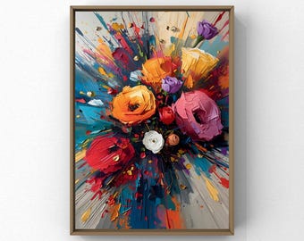 Arte murale floreale astratta colorata, dipinto floreale moderno, vivace bouquet di impasto, arredamento per la casa contemporaneo stampabile