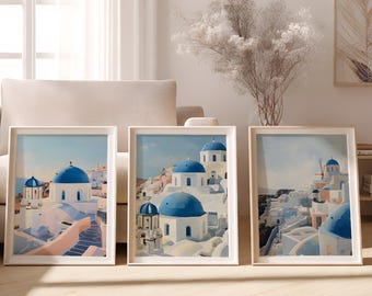 Santorini Wall Art Set of 3, Greek Island Printable, Blue Dome Decor, Mediterranean Coastal Art, Travel Wall Prints