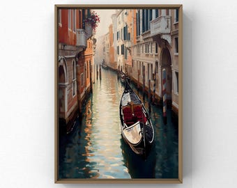 Impresión de arte mural de canal de góndola de Venecia / Pintura de paisaje urbano italiano / Decoración de viaje romántica / Arte callejero europeo imprimible / Descarga digital