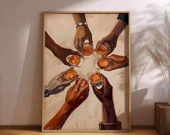 Whiskey Cheers Wall Art Print, Friends Celebration Poster, Modern Abstract Bar Cart Decor, Masculine Living Room Art, Cocktail Party Artwork