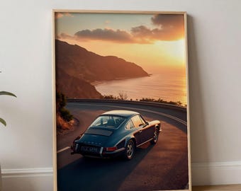 Lámina de coche clásico de la Costa Amalfitana / Fotografía de Porsche 911 para pared / Lámina con estética de la vieja aristocracia / Póster de viaje de Italia / Decoración retro de coches deportivos