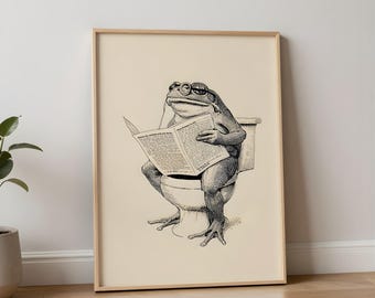 Retro Frog on Toilet Print, Funny Bathroom Wall Art Printable, Vintage Playful Toad on Toilet, Victorian Style Quirky Bathroom Wall Decor