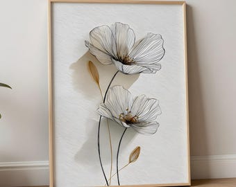 Minimalist Botanical Line Art Print, Neutral Flower Wall Art, Scandinavian Floral Home & Farmhouse Decor, Modern Beige Botanical Printable