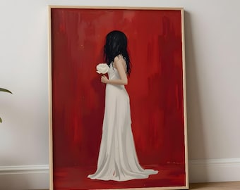 Red Minimalist Digital Wall Art Print, Elegant Woman in White Dress Painting, Modern Romantic Aesthetic Bedroom Decor, Calm Bold Printable
