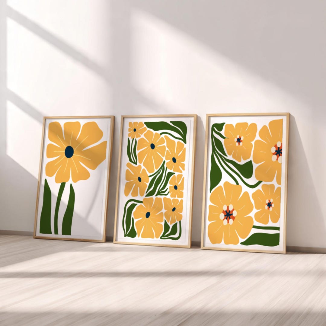 Yellow Floral Wall Art Set of 3, Scandinavian Folk Art Prints, Modern ...