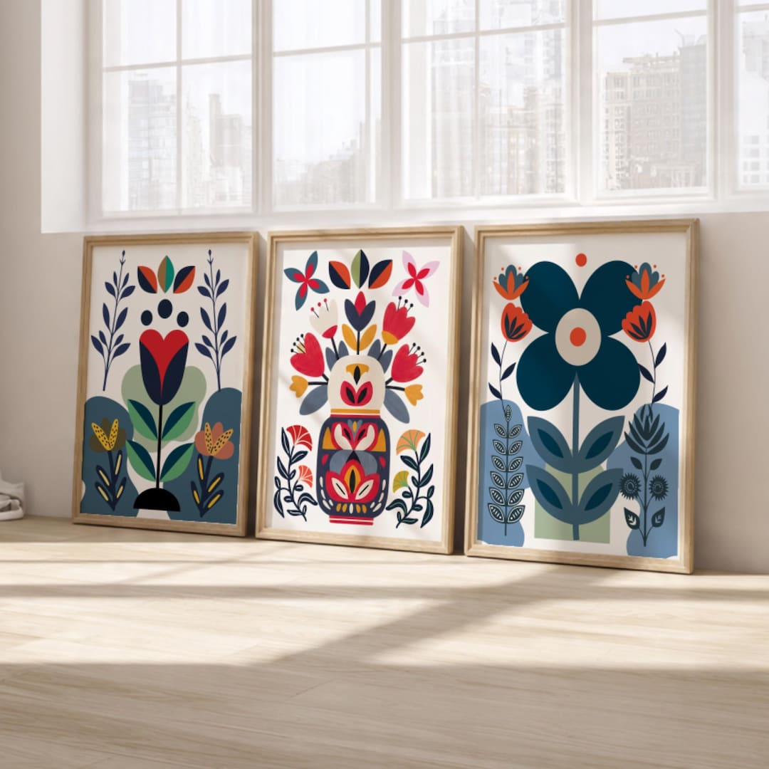 Colorful Scandinavian Art Norwegian Folk Art Floral Print Set of 3 ...