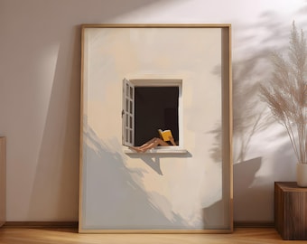 Window Minimalist Digital Wall Art, Calm Summer Window Print, Book Lover Digital Download, Soft Dopamine Decor, Aesthetic Home Decor