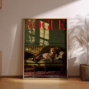 Vintage djurmode väggkonst | Vogue Fashion Magazine tryck | Leopard poster | Glamourös modeväggdekoration | Present till henne | Digital nedladdning
