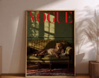 Arte mural vintage con estampado animal de revista de moda / Pintura de leopardo / Decoración glamurosa para dormitorio / Arte mural maximalista / Regalo para ella