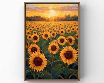 Impresión de arte mural de campo de girasoles, pintura de paisaje de atardecer dorado, decoración rústica de granja, arte mural floral de verano, descarga digital
