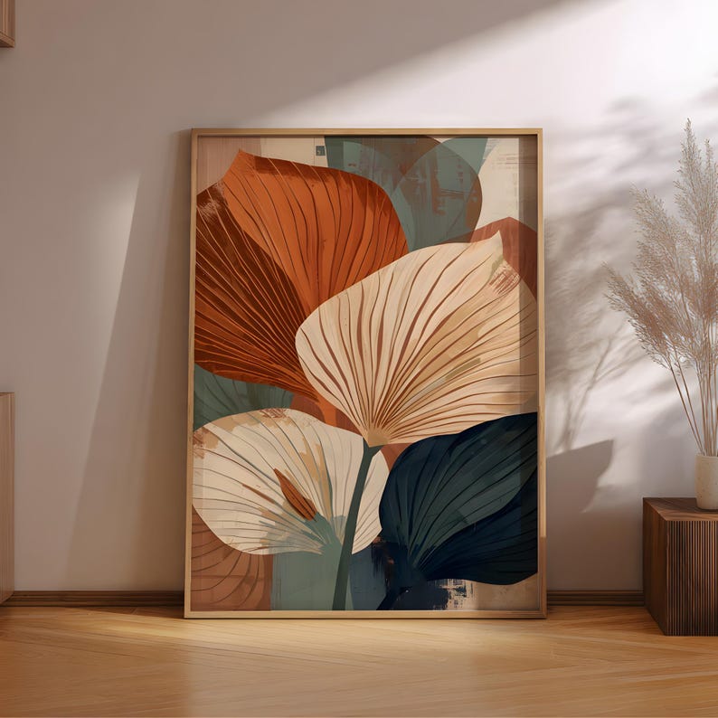 Abstract Botanical Wall Art Print | Terracotta Leaf Mid Century Modern ...