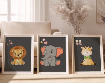 Safari Animal Nursery Prints Set of 3, Jungle Animal Nursery decor, safari animal wall art, Boho Jungle Art, Digital download