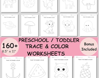 Hojas de trabajo imprimibles para trazar y colorear para preescolares, práctica de preescritura y motricidad fina para niños pequeños, paquete de aprendizaje para niños + bono