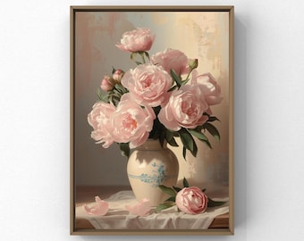 Pink Peonies Painting Wall Art, Vintage Art Print, Floral Print Oil Painting, Flower Print, Romantic Farmhouse Decor, Digital Download