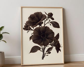 Victorian Black Flower Wall Art Print, Vintage Floral Painting, Neutral Abstract Printable Minimalist Artwork, Modern Flower Home Decor