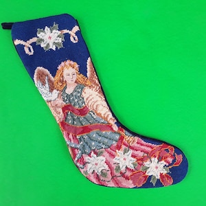 Vintage needlepoint stocking - angel with wings - Christmas decor - religious stocking - petit point - poinsettias - dove - white flowers