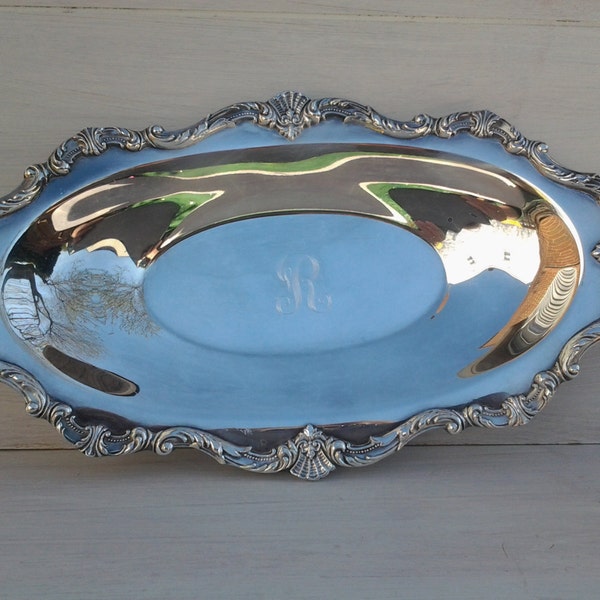 Vintage Wallace silver plate tray - Wallace Waverly - monogram R - engraved R serving tray - etched tray - oval tray - Wallace silver tray