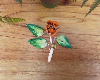 Vintage toleware hook - cottage core - metal flower - wall hook - tole painted - orange rose - hanger - cottage - Italy - floral - decor