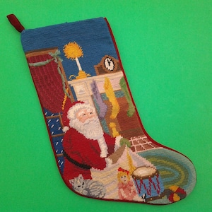 Vintage needlepoint stocking - Christmas stocking - Santa with toys - fireplace mantle - Christmas decor - kitty - bag of toys - petit point