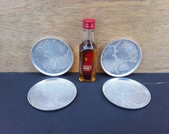 Vintage aluminum coasters - forged aluminum - dogwood coasters - mid century barware - aluminum coaster set - barware - set of 4 - MCM