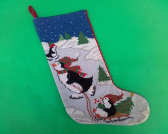 Vintage needlepoint stocking - penguins - outdoor scene - ice skating - Christmas - holiday decor - seasonal - sled - child stocking