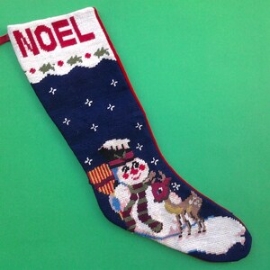 Vintage needlepoint stocking - Noel stocking - Christmas stocking - snowman stocking - reindeer stocking - holiday decor - Christmas decor