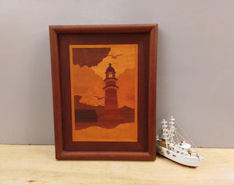 Vintage lighthouse picture - wood inlay - framed - nautical decor - seagull - sea - coastal decor - framed - shore