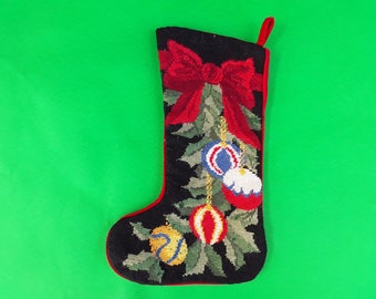 Vintage needlepoint stocking - Imperial Elegancce - Christmas stocking - holiday decor - left hanging - ornaments - red bow - holly