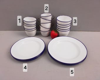 Vintage Ker Sweden enamelware dishes - CHOICE - 5 piece sets - outdoor dining - graniteware - small and medium plates - bowls - 4 oz. cups