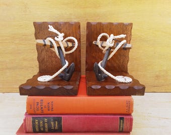 Vintage anchor bookends - home decor - library - books - wood - sailing ship - metal - nautical decor - beach house