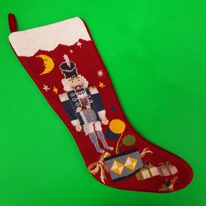 Vintage needlepoint stocking - Nutcracker stocking - red stocking - Christmas decor - holiday decor - toy soldier - child stocking - boy