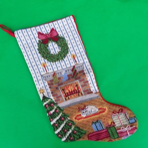 Vintage needlepoint stocking - Christmas Tree - fireplace mantle - Christmas decor - wreath - kitty stocking - cat - cozy home - kitten