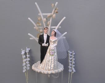 Vintage wedding cake topper - chalkware cake topper - 50's wedding cake topper - bride and groom - bridal shower gift - wedding trellis