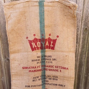 Vintage heavy burlap coffee bean sack - Royal - rustic - farm - country decor - jute - graphics - wall decor - hessian - industrial - crown