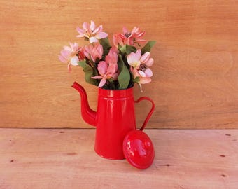 Vintage enamel coffee pot - red enamelware - graniteware - coffee pot with lid - flower vase - home decor -