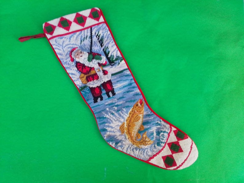 Vintage Needlepoint Fishing Stocking - Fisherman Stocking - Christmas ...