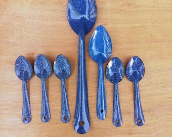 Vintage blue enamelware spoons - set of 7 - camping spoons - spoon set - outdoor dining - graniteware - serving - tablespoon - teaspoons