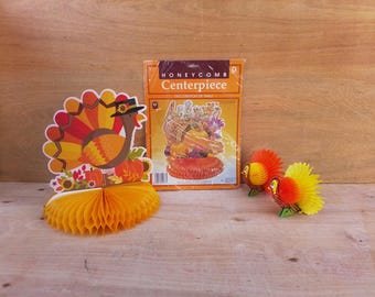 Vintage fall honeycomb set - Thanksgiving centerpiece - cornucopia - turkeys - table top - seasonal - fall decor - pumpkin - autumn decor