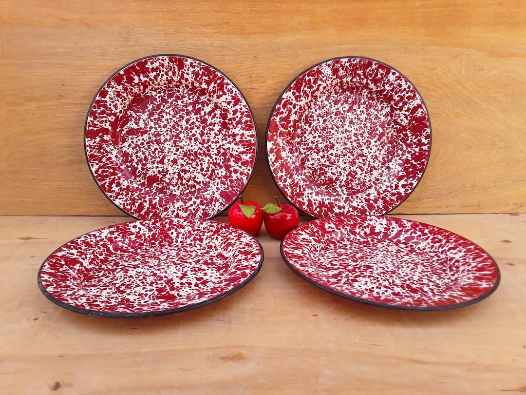 Vintage Enamelware Plates Red and White Plates Splatterware Dishes