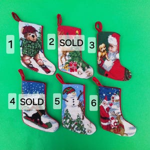 Vintage mini needlepoint stockings - PRICE FOR ONE- ornament - Christmas - money holder - bear - Santa - dog - snowman - utensil holder