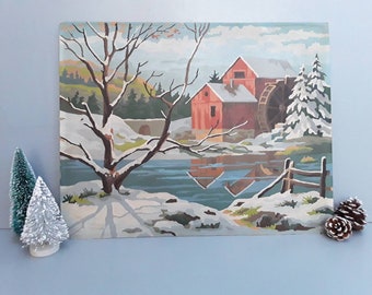 Vintage grist mill paint by number - barn - water wheel - country decor- home decor - red barn - farm land - winter landscape - 16 x 20 PBN