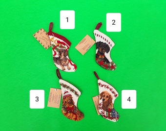 Vintage mini needlepoint stockings - PRICE FOR ONE - Dachshund Christmas stocking - ornament - holiday decor - utensil holder - money holder