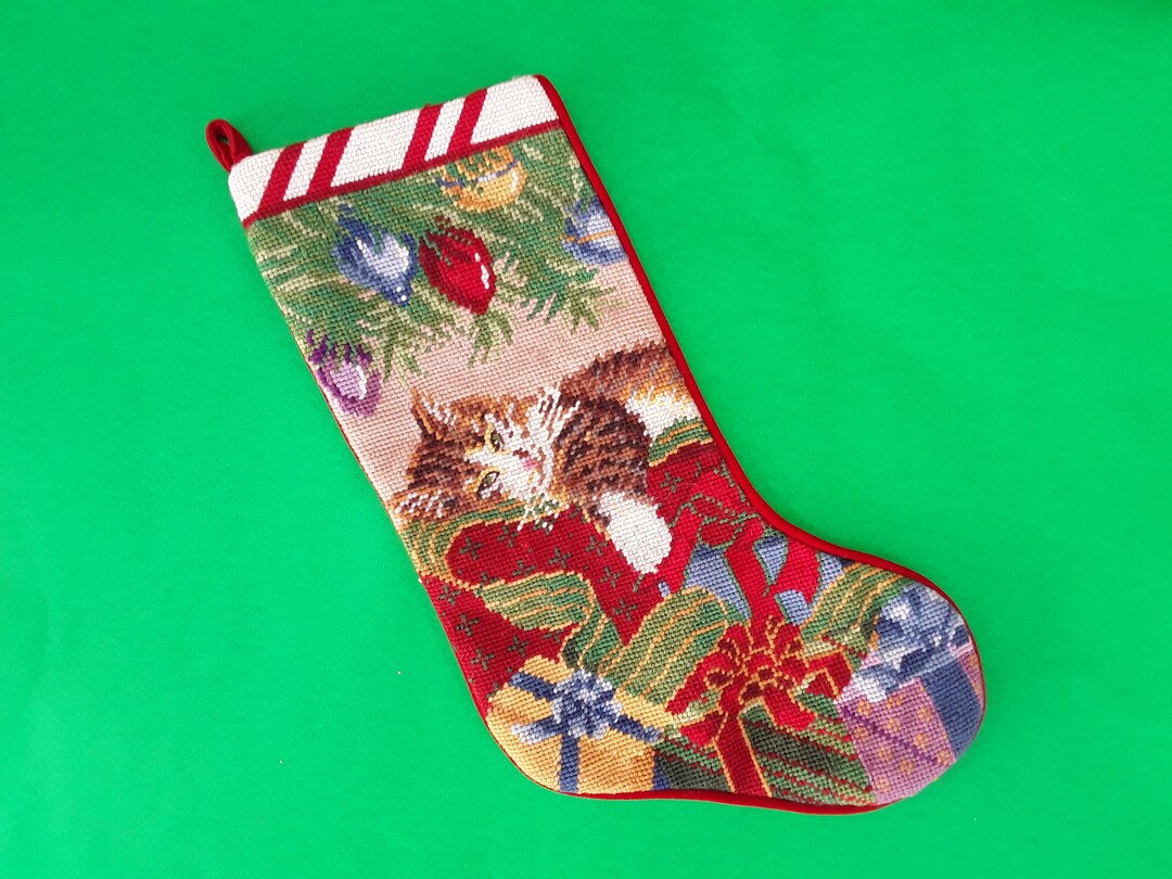 Vintage Needlepoint Stocking Cat Stocking Christmas Decor Etsy