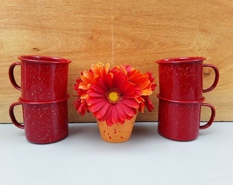 Vintage enamelware cups - red mugs - graniteware cups - enamel mugs - 12 oz enamel mugs - set of four mugs - camping - outdoor dining
