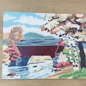 Vintage fall paint by number - nature painting - wall decor - country landscape scene - covered bridge - stream - landscape - 12 x 16 PBN