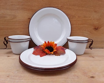 Vintage enamelware plates and cups - brown edges -  8 pc. enamel dish set - mugs - graniteware - 8 oz mugs - 9" plates - outdoor - lunch